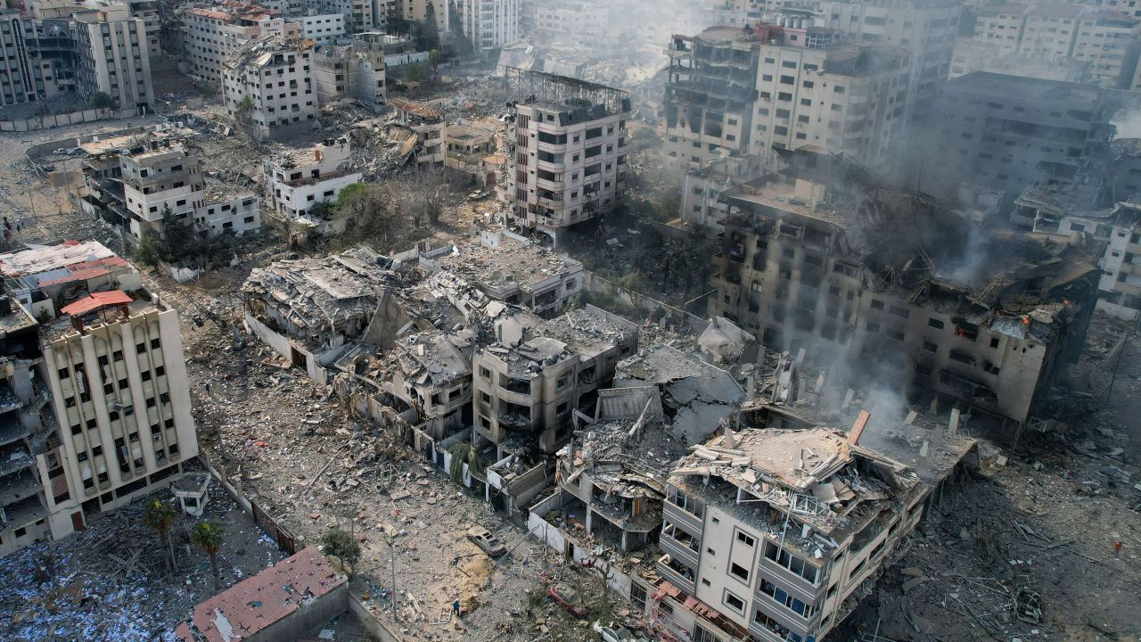 An aerial photo shows heavily damaged buildings following Israeli airstrikes on Gaza City on Tuesday.